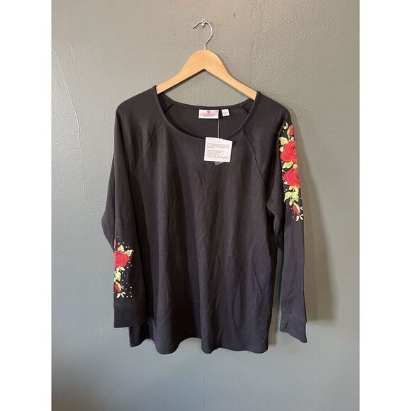 Quaker Factory By Jeanne Bice Womens Black Long Sleeve Floral Pattern size L NWT - Picture 1 of 3